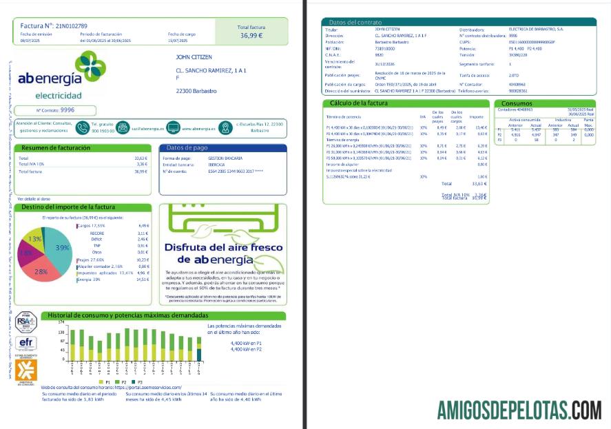 realista Modelo de conta de serviços públicos Abenergía da Espanha em formatos Word e PDF, 1 2 páginas